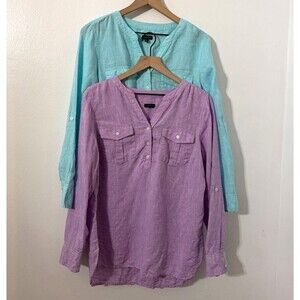 Talbots Linen V-Neck Button Front Long Sleeve Blouse Womens M Blue Purple
